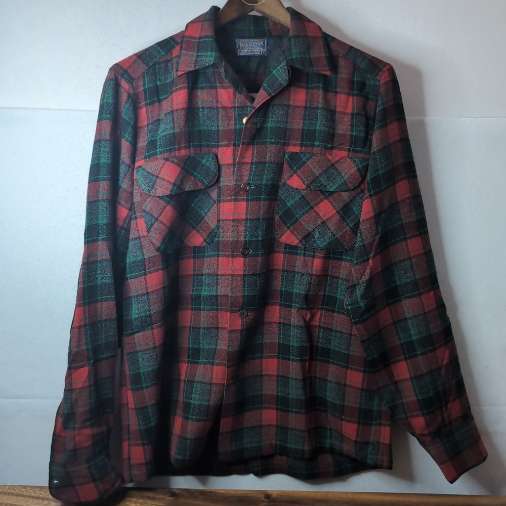 Vtg Pendleton Wool Board Flannel Shirt Red Plaid Suede Elbow Patch Men Small 60s